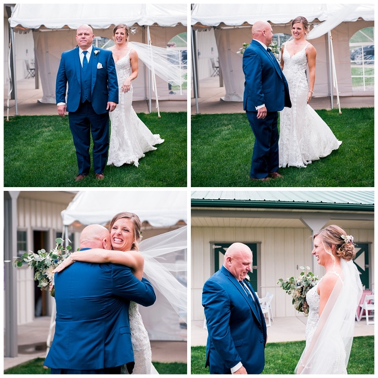 father and bride first look at Destiny Hill Farm fall wedding