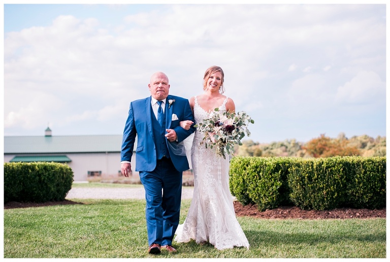 bride walking down aisle at Destiny Hill Farm fall wedding