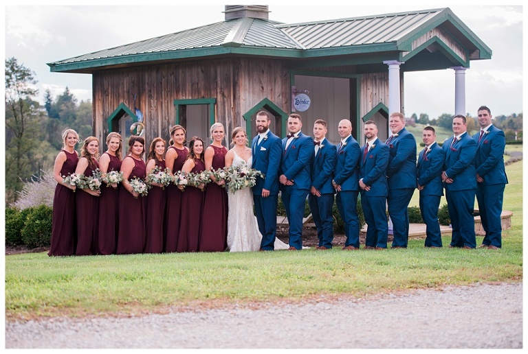 bridal party portrait wine dresses navy suits at Destiny Hill Farm fall wedding